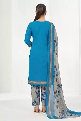 Teal printed cotton blend stitched floral print salwar kurta dupatta for women