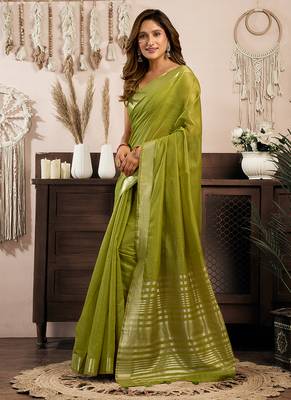 Green khadi cotton saree with golden zari border and brocade blouse 2