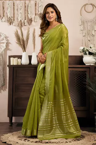 Green khadi cotton saree with golden zari border and brocade blouse