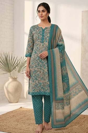 Teal printed cotton blend stitched floral print salwar kurta dupatta for women