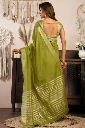 Green khadi cotton saree with golden zari border and brocade blouse