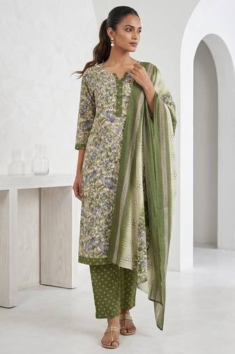 Green printed cotton blend stitched floral print salwar kurta dupatta for women