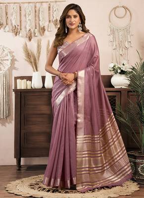 Mauve khadi cotton saree with golden zari border and brocade blouse 1