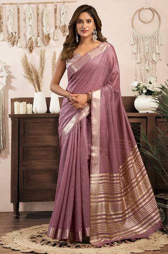 Mauve khadi cotton saree with golden zari border and brocade blouse