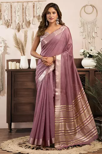 Mauve khadi cotton saree with golden zari border and brocade blouse