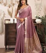 Mauve khadi cotton saree with golden zari border and brocade blouse