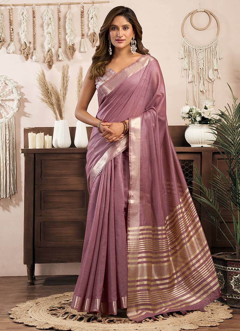 Mauve khadi cotton saree with golden zari border and brocade blouse