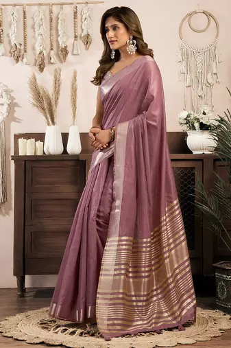 Mauve khadi cotton saree with golden zari border and brocade blouse