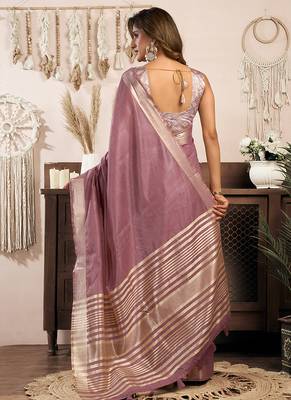 Mauve khadi cotton saree with golden zari border and brocade blouse 3
