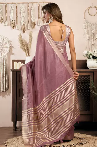 Mauve khadi cotton saree with golden zari border and brocade blouse