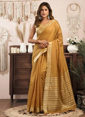 Mustard khadi cotton saree with golden zari border and brocade blouse 1