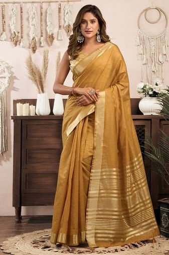 Mustard khadi cotton saree with golden zari border and brocade blouse