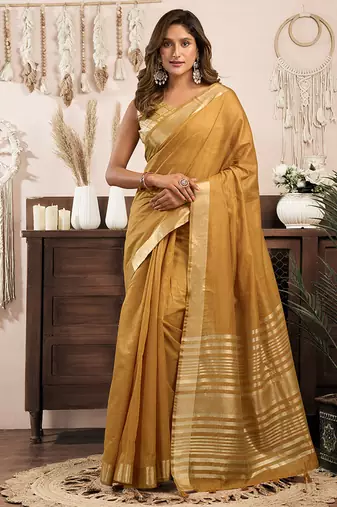 Mustard khadi cotton saree with golden zari border and brocade blouse