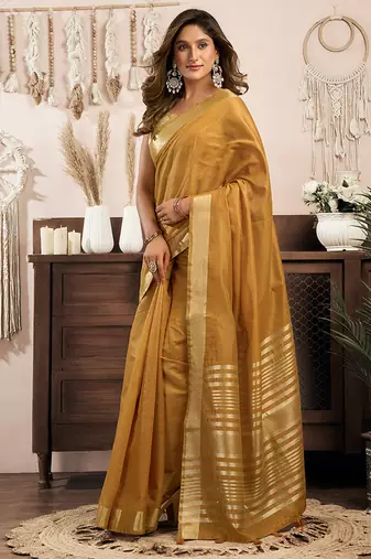 Mustard khadi cotton saree with golden zari border and brocade blouse