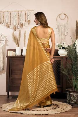 Mustard khadi cotton saree with golden zari border and brocade blouse 3