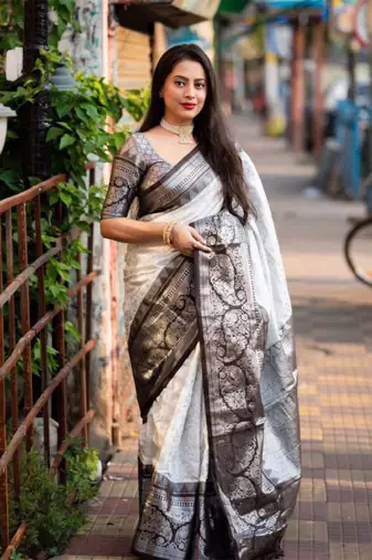 white silk blend saree with woven design zari work