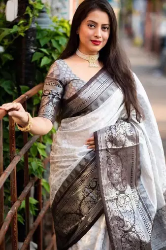 white silk blend saree with woven design zari work