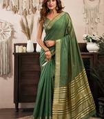 Green khadi cotton saree with golden zari border and brocade blouse