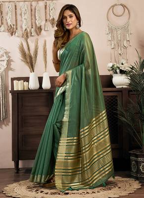 Green khadi cotton saree with golden zari border and brocade blouse 2