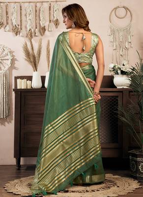 Green khadi cotton saree with golden zari border and brocade blouse 3