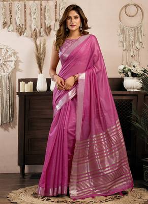 Pink khadi cotton saree with golden zari border and brocade blouse 1