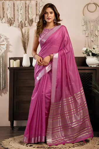Pink khadi cotton saree with golden zari border and brocade blouse