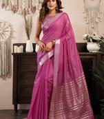 Pink khadi cotton saree with golden zari border and brocade blouse