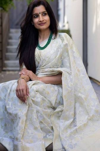off white silk blend saree with woven zari design