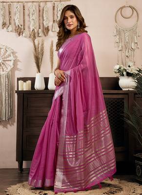 Pink khadi cotton saree with golden zari border and brocade blouse 2