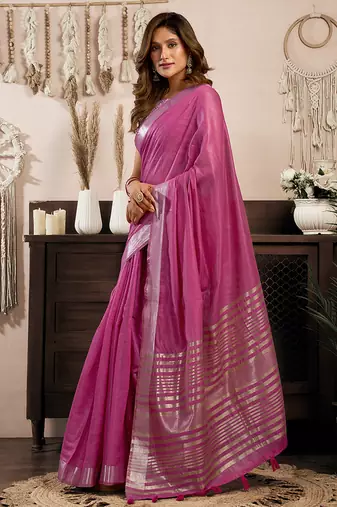 Pink khadi cotton saree with golden zari border and brocade blouse