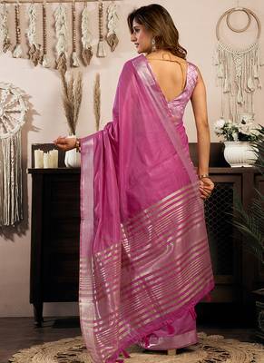 Pink khadi cotton saree with golden zari border and brocade blouse 3