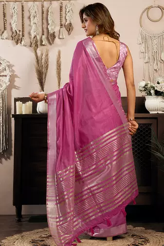 Pink khadi cotton saree with golden zari border and brocade blouse