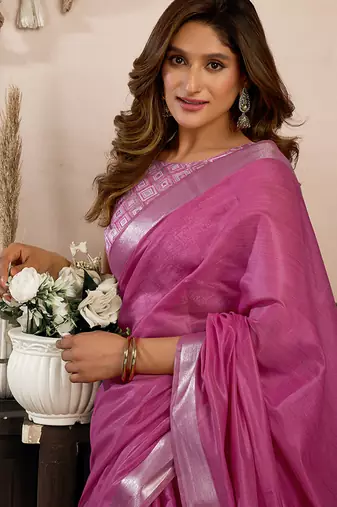 Pink khadi cotton saree with golden zari border and brocade blouse