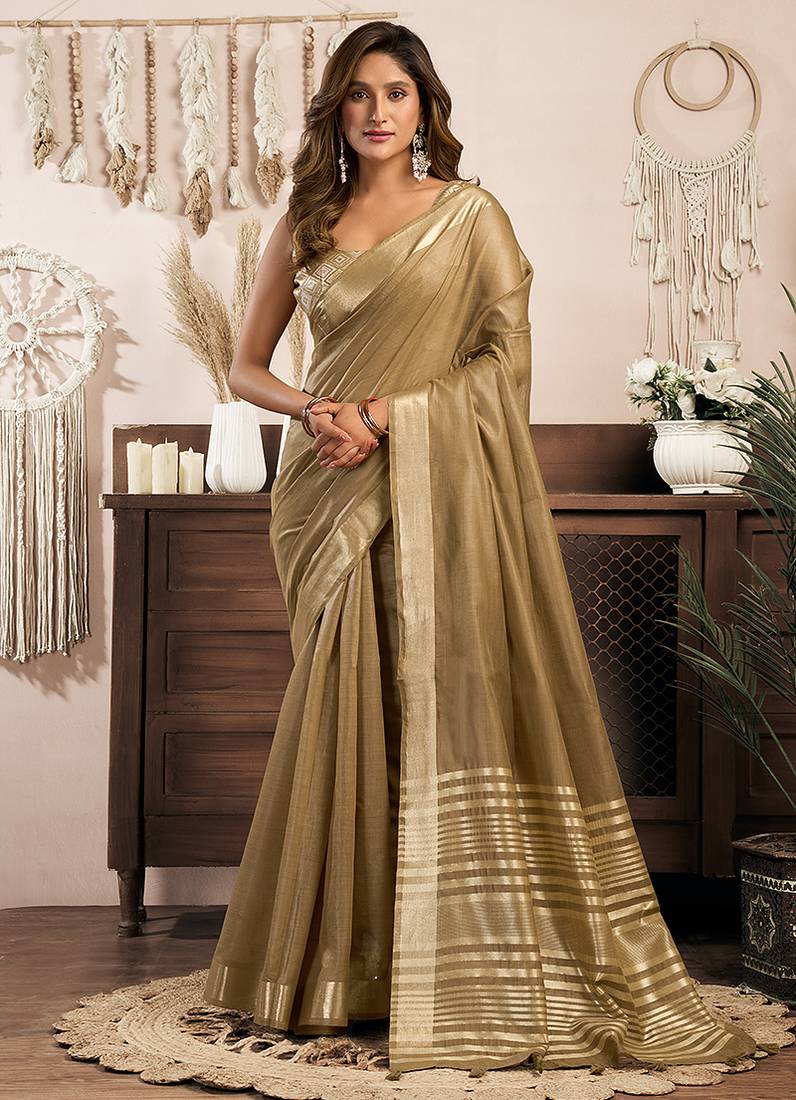 Beige gold khadi cotton saree with golden zari border and brocade blouse