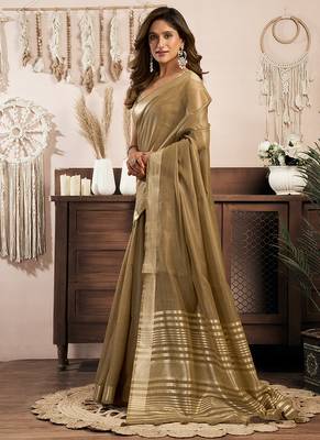 Beige gold khadi cotton saree with golden zari border and brocade blouse 2