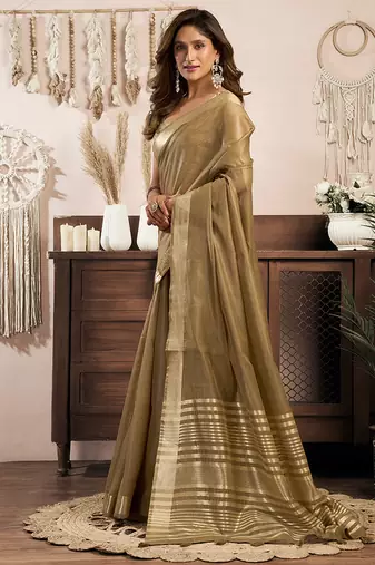 Beige gold khadi cotton saree with golden zari border and brocade blouse
