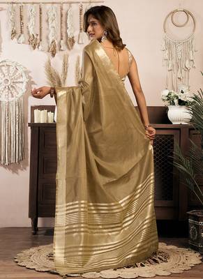 Beige gold khadi cotton saree with golden zari border and brocade blouse 3