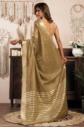 Beige gold khadi cotton saree with golden zari border and brocade blouse