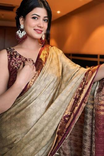 cream mysore silk saree with woven design zari work