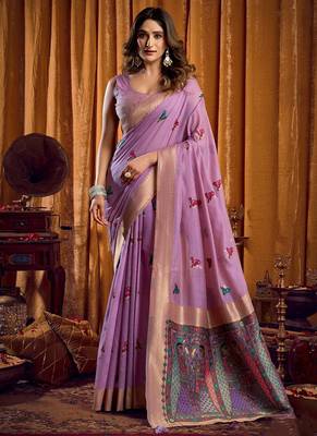 Lavender cotton blend katha work saree with blouse piece 1
