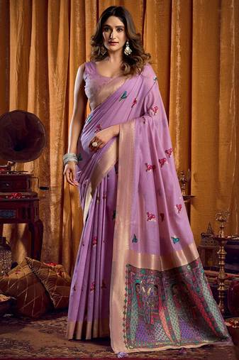 Lavender cotton blend katha work saree with blouse piece