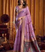 Lavender cotton blend katha work saree with blouse piece