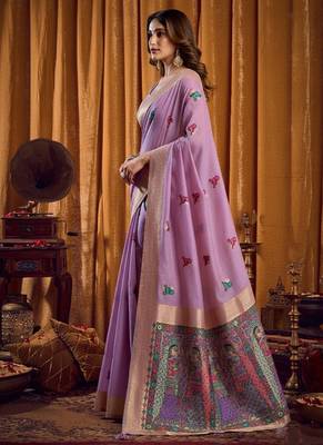 Lavender cotton blend katha work saree with blouse piece 2