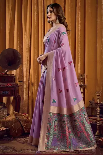 Lavender cotton blend katha work saree with blouse piece
