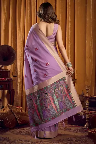 Lavender cotton blend katha work saree with blouse piece