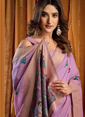 Lavender cotton blend katha work saree with blouse piece 4