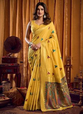 Yellow cotton blend katha work saree with blouse piece 1