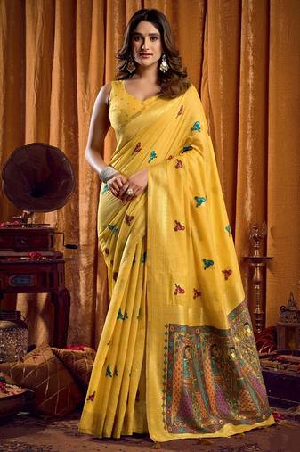 Yellow cotton blend katha work saree with blouse piece