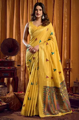 Yellow cotton blend katha work saree with blouse piece