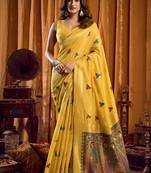 Yellow cotton blend katha work saree with blouse piece